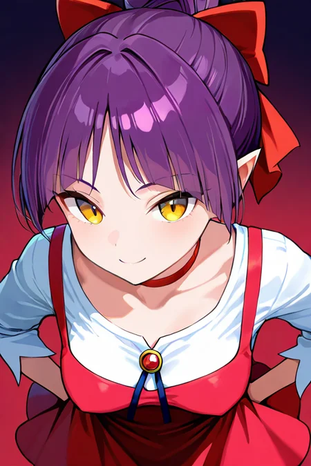 masterpiece, High quality, Ultra detailed, 2d, newest, absurdres, highres, BREAK
1girl, solo, <lora:nekomusume:0.8>, nekomusume, short hair, purple hair, single hair bun, hair bow, red bow, yellow eyes, pointy ears, red choker, 
medium breasts, nekonedef, collarbone, long sleeves, white shirt, brooch, short dress, pinafore dress, red dress, 
from above, looking at viewer, smile,