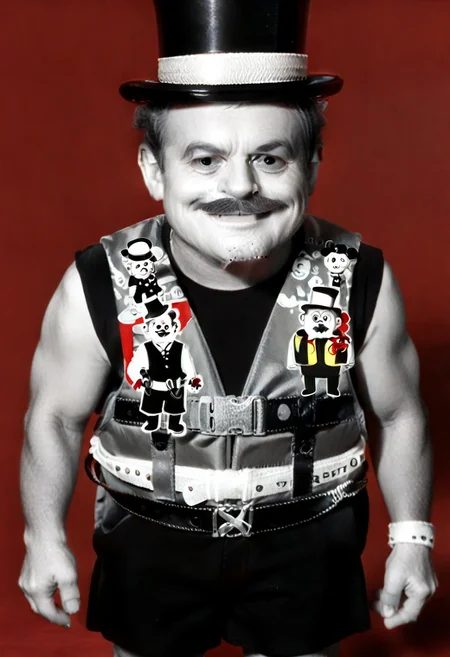 ((((((black and white,black shirt, belt, stubble, red theme, shorts, greyscale, 1boy, life vest)))))),((small man with mustache, top hat, kenbis, chibi, chibi, male only, male, male chibi, monocle, art deco, thick mustache, comically large mustache, handlebar mustache, tiny, multiple men, shrunk, microxl, some little guys, high angle, from above)), bwMovies, realistic, photo, vintage photo, ((very small man, small man, a small man, a man who is small, a small man)), an unapologetically small human male, black and white, smiling, very happy, euphoric, ecstatic, wonderful small men, large smile, huge smile