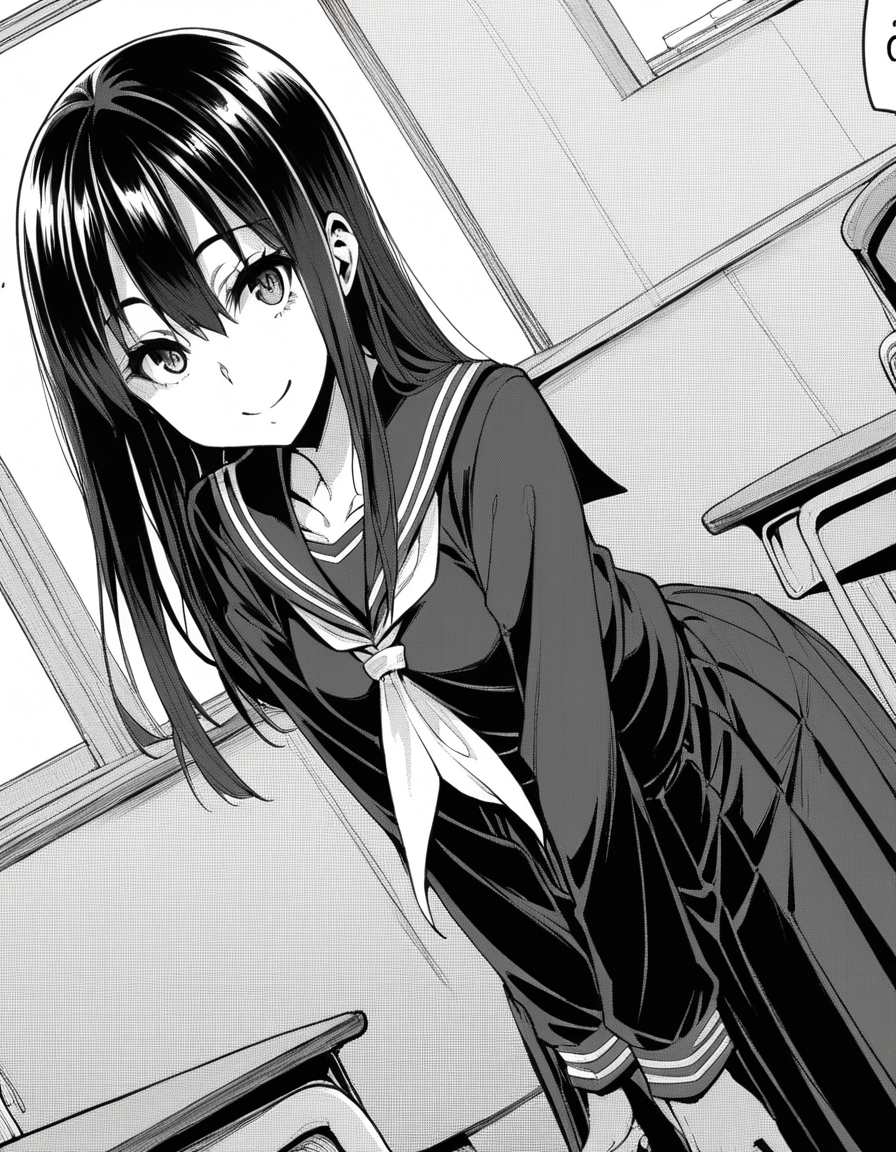 score_9, score_8_up, score_7_up, source_anime,
sakiyoshida, <lora:saki-yoshida-manga-ponyxl-lora-nochekaiser:1>,
saki yoshida, long hair, hair between eyes, monochrome, greyscale,
black hair, skirt, pleated skirt, serafuku, shirt, long sleeves, long skirt, sailor collar, neckerchief, black shirt,
indoors, classroom, bent over, smile,
looking at viewer, solo, dutch angle, cowboy shot,