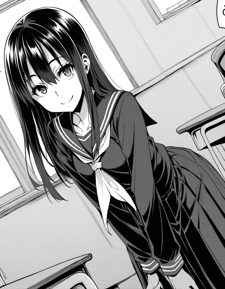 score_9, score_8_up, score_7_up, source_anime,
sakiyoshida, <lora:saki-yoshida-manga-ponyxl-lora-nochekaiser:1>,
saki yoshida, long hair, hair between eyes, monochrome, greyscale,
black hair, skirt, pleated skirt, serafuku, shirt, long sleeves, long skirt, sailor collar, neckerchief, black shirt,
indoors, classroom, bent over, smile,
looking at viewer, solo, dutch angle, cowboy shot,