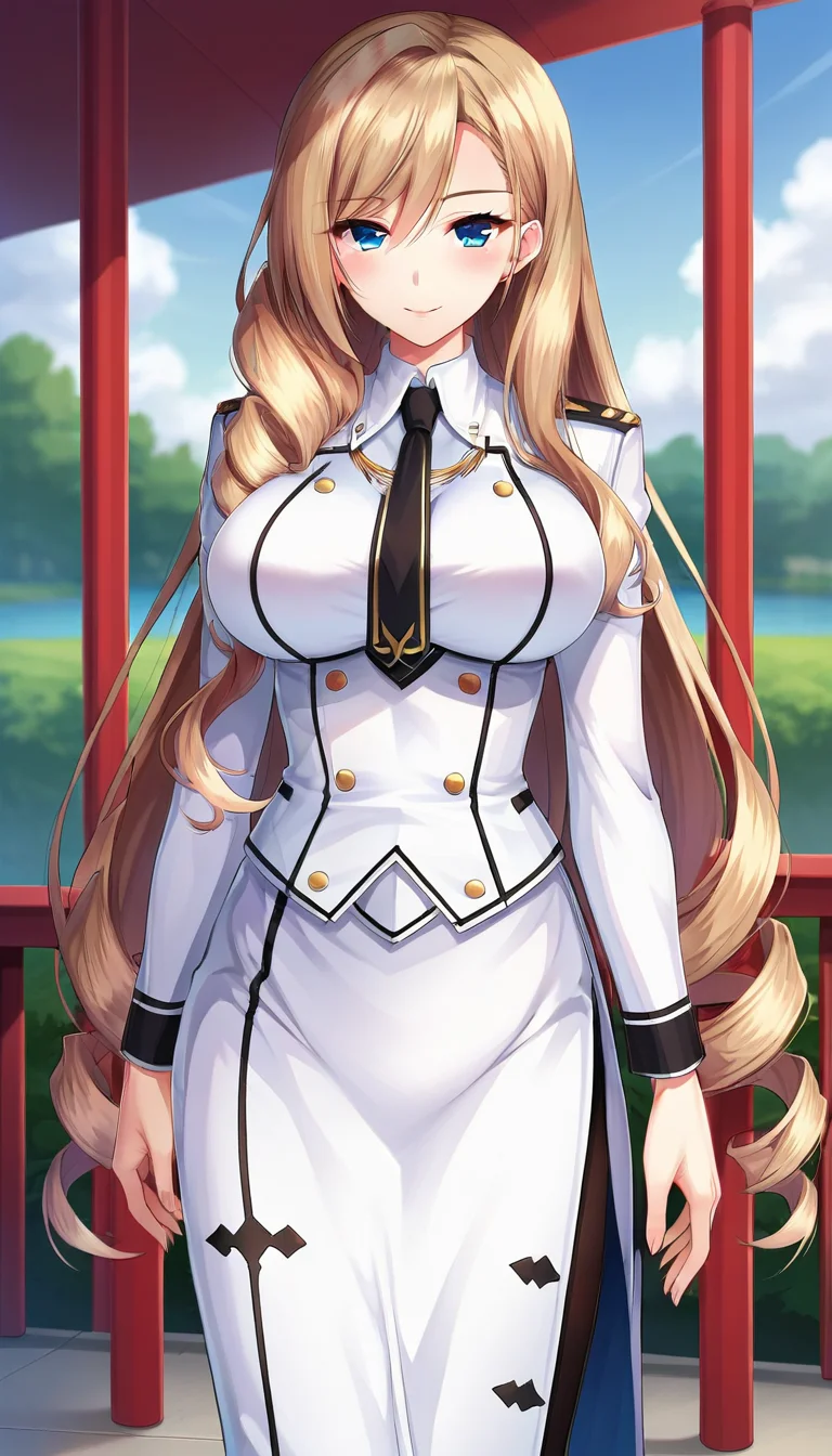 score_9,score_8_up,masterpiece,best quality,correct anatomy,anime_source,1girl,solo,perfect eyes,perfect arms,perfect legs,perfect face,outdoors,upper body,(portrait:1.5),looking at viewer,facing viewer,smile,blush,Stella Marisudia,very long hair,light brown hair,drill hair,hair over shoulder,sidelocks,hair between eyes,bangs,tsurime,blue eyes,uniform,black necktie,white jacket,white shirt,long sleeves,large breasts,long skirt,white skirt,side slit,black pantyhose,high heels,black footwear,<lora:Stella Marisudia(uq)-Pony:1.2>,