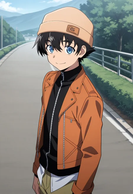 masterpiece,best quality,amazing quality, source_anime,
YukiteruAmano, 1boy, male focus, solo, blue eyes, black hair, beanie, brown headwear, black shirt, turtleneck, zipper, jacket, brown jacket, open jacket, smile, outdoor,