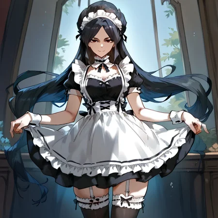 zPDXL3, score_9_up, score_8_up, score_7_up, (Anime_source), 1girl, standing, looking at viewer, smiling, YaoYue, dark eyes, black hair, long hair, half-moon hairstyle, maid apron, maid, maid headdress, thighhighs, wrist cuffs, garter belt, standing,