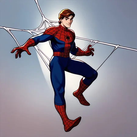 score_9, score_8_up, score_7_up BREAK PeterTAS, 1boy, brown hair, brown eyes, spider-man costume, smiling, full body, shooting spiderweb,