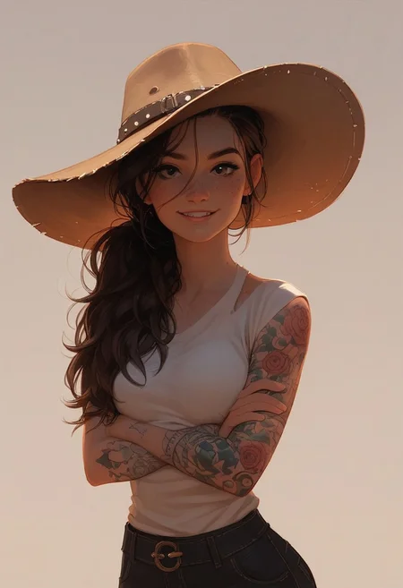 score_9, score_8_up, score_7_up, score_6_up, 1 girl , kawai girl, freckles, body freckles, ((brunette hair)), long hair, ponytail, poncho, cowboy hat, petite, slim, medium boobs, medium breasts, big eyes, perfect butt, big butt, western background, tattooed arms, looking at viewer, crossed arms, half smile, front view