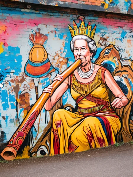 Graffiti style , queen Elisabeth playing an aboriginal didgeridoo, wearing blood diamonds crown, comedy, social comment, satire, satirical, pop culture, <lora:didgeredoo:0.8> . Street art, vibrant, urban, detailed, tag, mural
