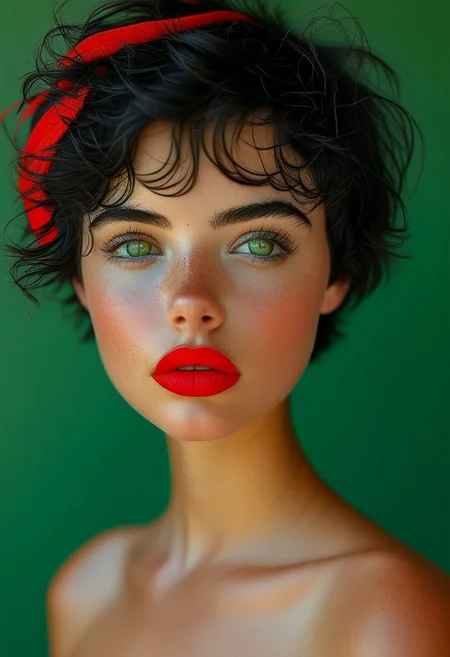 Realistic photo, ultra-realistic photo, RAW photo, high res., high quality, masterpiece, bellissima, full body view, 19-year-old girl (19yo), Italian, short black hair, tousled hair, green eyes, perfect eyes, detailed eyes, photorealistic eyes, red painted lips, parted lips, serious facial expression, bare shoulders, shiny skin, perfect skin texture, intricate details, detailed face, detailed eyes, super-detailer-bsy, detailed skin, detailed hair, ultra-detailed, sexiness enhancer