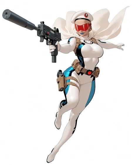 solo, (full body shot, wide shot:1.2), 1girl, (30 year old Russian woman:1.2), beautiful female cyborg spy, fair skin, (white with light blue accents superhero bodysuit with armor padding:1.3), white body armor vest, thigh pistol holsters, white cloak, white military beret, cyborg, cybernetic seams, utility belt, blue eyes, epic red visor, long blonde hair, hair bun, white arm length gloves, slim waist, (toned body:1.1), (large breasts:1.2), wide hips, ultra detailed face, (blue lips:1.2), confident closed mouth smile, strong jaw line, white thigh high superhero boots, (shooting a uzi machine pistol with a suppressor:1.2), white background, (dynamic pose, dynamic composition, dynamic angle:1.2), digital painting, masterpiece, best quality, very awa, absurdres, 8k, comic art style, <lora:NOOB_vp1_detailer_by_volnovik_v1:0.6> <lora:noobai_vpred_1_aqm_complete_v3:0.3> masterpiece, best quality, very aesthetic <lora:HyperdetailedColoredPencilIl:0.3> ArsMJStyle, Colored pencil hyperdetailed realism <lora:ponyv6_noobE11_2_adamW:0.3> <lora:illustriousXL_stabilizer_v1.7:0.4> <lora:Comics_IllustriousXL_Lora:0.3> C0M1C5 Style <lora:Superhero_Aesthetic_Illustrious:0.3> SUP3RH3R0 Style, comic art style, <lora:Carlos GomezStyleilluLYCO:0.3> cgstyle, (borderless), <lora:ppw_v7_Illuv1.0_1_r2:0.2>, <lora:anatomy_helper:1> <lora:Uzi_-_Machine_Pistol:0.5>