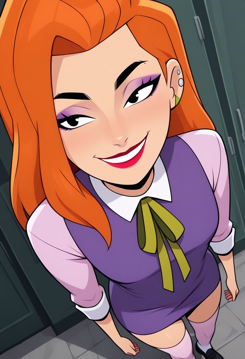 daphneHBO, masterpiece, best quality, absurdres, highres, high quality, highly detailed  dynamic angle, foreshortening, 1girl, solo  orange hair, long hair, makeup, lipstick, black eyes, earring, jewelry, piercing, purple dress, knee high socks, green ribbon, black footwear, white collar, black eyebrows,  glossy skin, standing, facing viewer, smiling,