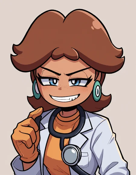 zPDXL, score_9, score_8_up, score_7_up, source_anime, 1girl, solo,
<lora:PringleDingle_v2-15:1> pringus, Princess Daisy, brown hair, medium hair, freckles, tan-skinned female, grin, smug, tomboy, legs_over_head, doctor wearing a white lab coat, medical trousers, clogs, gloves,stethoscope, (portrait),