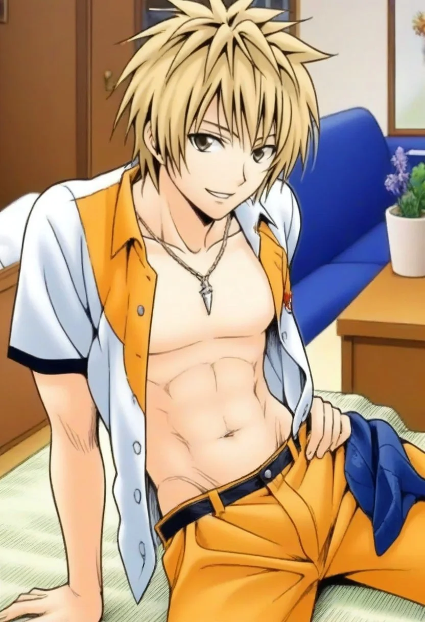 ((masterpiece)), ((best quality)), ((ultra-detailed)), score_9_up, score_8_up, score_7_up, HD, top quality, best quality, High-quality illustrations, anime screencap, perfect anatomy, 1male, 1boy, solo male, male focus, anime, anime boy, male anime character, handsome, attractive, cute, smiling, happy, charming smile,Yuu Kotegawa,blonde hair,gray-yellow eyes, slim body, tall body, slender body, slim slender body, model, male model, necklace, wearing open unbuttoned long sleeve polo shirt, exposed chest, exposed abdomen, navel, sitting, sitting position, modeling, posing, top view, view from above, bird's eye view