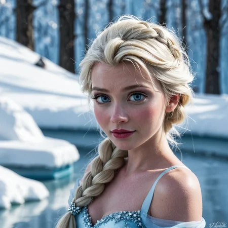 detailed realistic,dramatic light illumination,elsa_(frozen), frozen_(disney), elsa,blonde_hair, blue_eyes,braid,makeup,lipstick,single_braid