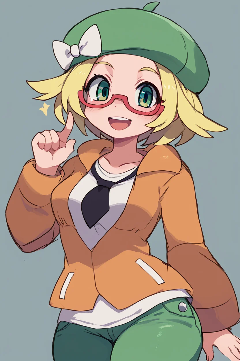 score_9, score_8_up, score_8, medium breasts, (curvy), cute, eyelashes, BREAK, , ,,, zzBianca, blonde hair, short hair, green eyes, green hat, glasses, orange jacket, white shirt, green pants, <lora:Bianca_Pokemon_PDXL:0.8>, ,,,, BREAK, smile, looking at viewer, cowboy shot, ,,, embedding:zPDXL, Expressiveh, ,,, <lora:Zankuro_Style_PDXL:0.8> <lora:SDXLFaeTastic2400:0.5>, <lora:Expressive_H-000001:0.4>,