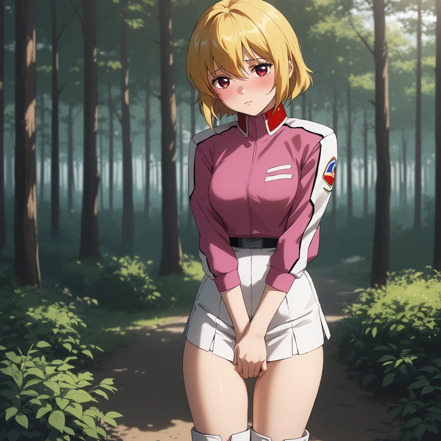 score_9, score_8_up, score_7_up, (masterpiece, best quality:1.2), volumetric lighting, uncensored, beautiful art, good anatomy, 
1girl, Stella Loussier, solo, blonde hair, short hair, red eyes,
#(orgasm face, blushing, pleasure, half-closed eye, sweat, steaming body),
#(shame face, blushing, embarrassed, half-closed eyes,panic,fear, closed mouth, drop sweat:1.1),
#(half-closed eyes, blushing, sweatdrop, puff, nervous),
#(steaming face, blushing, stifled, let go, half-closed eye, looking pleasure),
#(reculant orgasm, blushing, at her limit, [looking pleasure], looking away, steaming body:1.3),
#(drunk face, blushing),
#(relax face, blushing, lounging, slutty),
#(blushing, innoncent, finger to mouth)
#(blushing, steaming body, half eyes closed, open mouth, embarrassed:1.2),
#(blushing face, confusion, cross-eyed, shocked),
#(disgust, blush, blushing, open mouth, taers:1.2),
#(seductive, blushing, half-closed eyes, saliva:1.2),
#(tickle eyes, tickle face, blushing, tickle tears, laughing a lot, tears, closed eyes:1.2)
#(hard work, orgasm face, half-closed eye, wink, steaming body, slutty, blushing, pleasure, maximum effort:1.2)
#(sleepy face, half-closed eyes, one_eye_halfway_closed, rubbing eyes, closed mouth, saliva drip:1.2)
(shy, covering crotch, hand together, blushing:1.2),
(medium breasts, #nipples, swooping breasts, perky breasts),
(petite, small hips, small ass, slim bum, thigh gap, slim thighs, slim legs:1.2),
#(pussy, clitoris, anus, pubic hair, blushing)
pink military jacket, white skirt, high white boots, forest,
<embedding:detailxl:1>, detailxl,