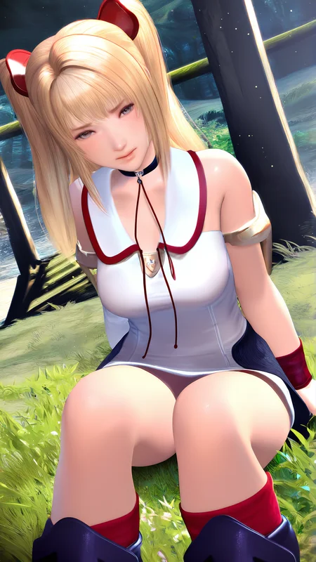 amazing quality,absurdres,best quality,masterpiece,highres,newest,detailed,detailed body,detailed face,masterpiece,best quality,solo,3d,realistic,
isuka,1girl,solo,blonde hair,boots,detached sleeves,skirt,red socks,twintails,choker,miniskirt,socks,belt,white dress,<lora:isuka:1>,