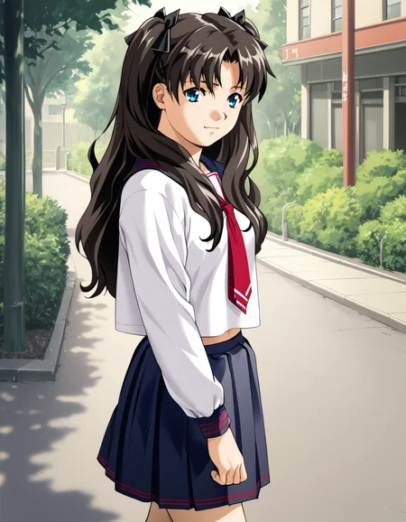 score_9, score_8_up, score_7_up, <lora:kisaku-v2-ponyxl-000010:0.85> tohsaka rin, serafuku, white shirt, red necktie, pleated skirt, blue skirt,
1girl, solo, from side, light smile, looking at viewer, walking, street