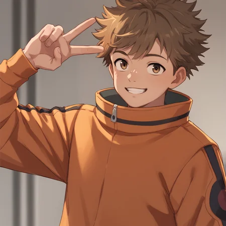score_9,score_8_up, <lora:OtherStyle_01:0.6>,<lora:Hinata_Minoru-000011:0.8>,hinata minoru,brown hair,brown eyes,orange jacket,male focus,twink,solo, smile, v,
