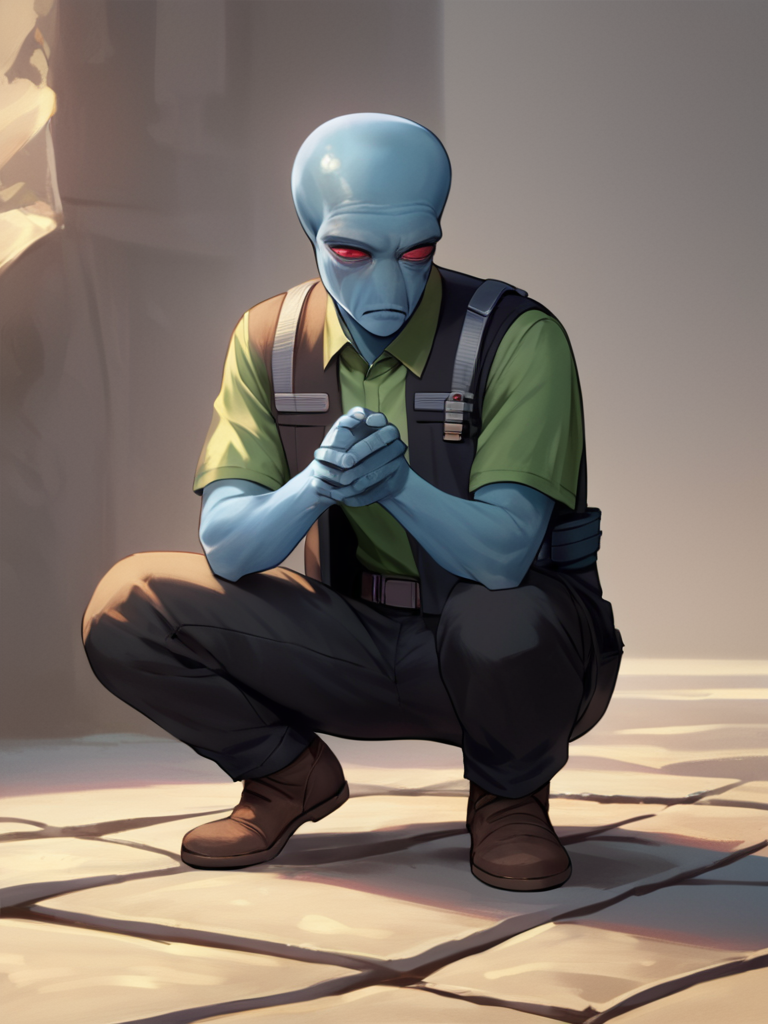 score_7_up, score_8_up, score_9, masterpiece, (1boy, solo,)perfect face, perfect hands, high quality, source_anime, cowboy shot, <lora:Duros_-_Star_Wars:1> duros, 1boy, colored skin, alien, red eyes, blue skin, bald, squatting, black vest, green undershirt, black pants, utility belt,