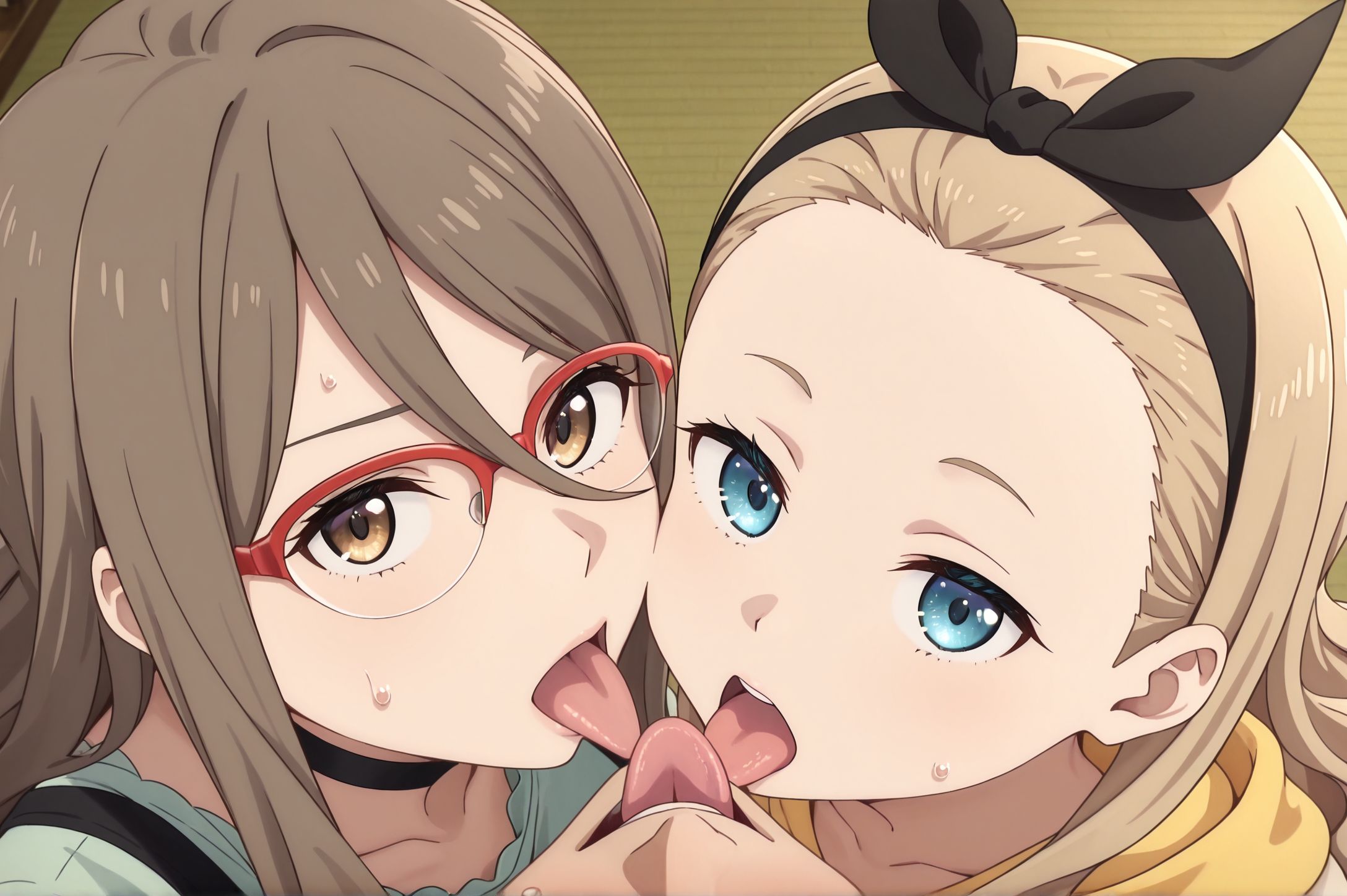 masterpiece,best quality,amazing quality,very aesthetic,absurdres,newest, huge filesize,
<lora:spo_sdxl_10ep_4k-data_lora_webui:0.5>,
<lora:add-detail-xl:1>anime screenshot, 2d,anime coloring, flat color, 
<lora:group_kiss:0.6>3pffmkiss , 
3rd_kiss,group kiss, third-person perspective,
(2girls:1.3), 1boy,hetero,   open mouth, from above ,looking at viewer, 
tongue out, 
sweat, sweatdrop, 
BREAK
3rd_kiss,group kiss, third-person perspective,
(2girls:1.3), 1boy,hetero,   open mouth, from above ,looking at viewer, 
tongue out, 
sweat, sweatdrop, 
medium breasts,nakahara mizuki, brown hair, long hair, hair between eyes, sidelocks, red-framed eyewear, over-rim eyewear, brown eyes, choker, green shirt, short sleeves, black camisole, <lora:Mizuki_Nakahara_ILXL:0.8>, (aged up:1.2),, 
BREAK
3rd_kiss,group kiss, third-person perspective,
(2girls:1.3), 1boy,hetero,   open mouth, from above ,looking at viewer, 
tongue out, 
sweat, sweatdrop, 
<lora:Kurumi (illustriousxl) :1>, kurumi \(lycoris recoil\),long hair,black hairband,hair ribbon,forehead,collarbone,hoodie,
