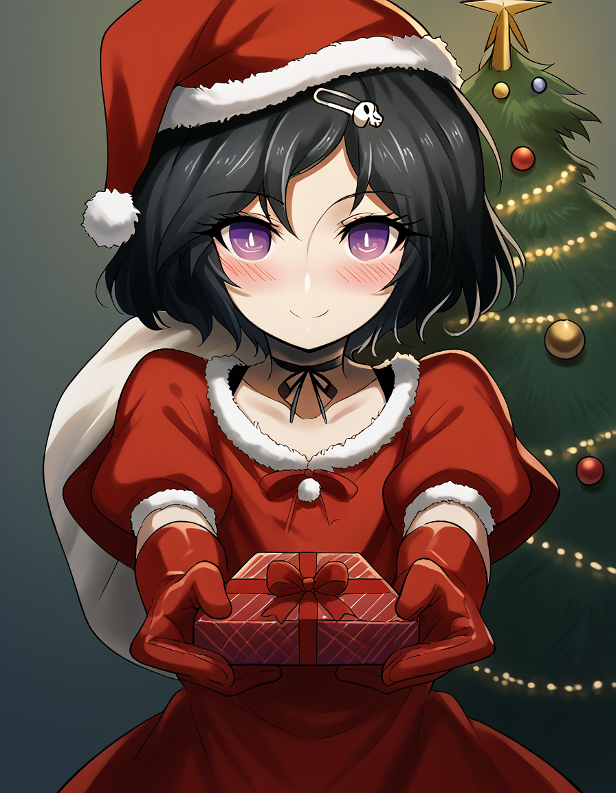 score_9, score_8_up, score_7_up, source_anime, <lora:luka-urushibara-ingame-ponyxl-lora-nochekaiser:1>, luka urushibara, black hair, choker, hair ornament, hairpin, male focus, otoko no ko, purple eyes, ribbon, ribbon choker, short hair, skull, skull hair ornament, trap,, <lora:santa-costume-ponyxl-lora-nochekaiser:1>, santa costume, santa hat, christmas, sack, merry christmas, gift, fur-trimmed headwear, holding sack, santa dress, fur-trimmed dress, christmas tree, christmas tree, fur trim, red capelet, gift box, red gloves, fur-trimmed capelet, santa gloves, red hat, hat,, smile, blush, looking at viewer, <lora:incoming-gift-ponyxl-lora-nochekaiser:1>, incoming gift, outstretched arms, holding, holding gift, gift, gift box,, , dutch angle, cowboy shot
