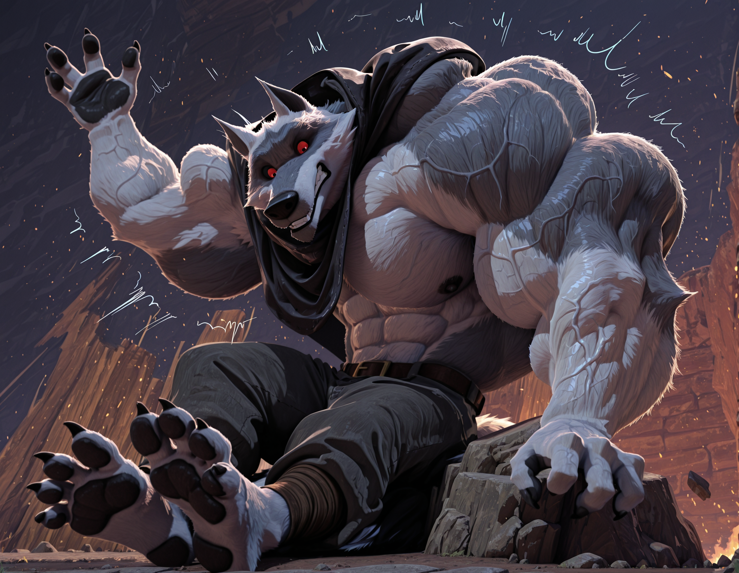 masterpiece, best quality, amazing quality, very aesthetic, absurdres, newest, high quality, detailed, male, solo male, 1boy, mature male, furry male, male, huge muscles, muscle body, muscle biceps, muscle chest, surprised expression, clenched teeth, veiny muscles, <lora:Uneven_Growth_PonyILXL:0.6>, Uneven extreme arm growth:1, Uneven hyper shoulder growth:1.2, muscles, veiny body, veins, athletic build, very hairy, foot focus, plantigrade, 4 fingers, soles, claws, six abs, sitting, on side, rock, side view, barefoot, <lora:Death_Puss_in_Boots_r1:1>, deathwolf, red eyes, wolf, black sclera, white fur, anthro, cape, <lora:add-detail-xl:0.5>, detailed eyes, perfect eyes, perfect face, detailed face, black nipples, looking down