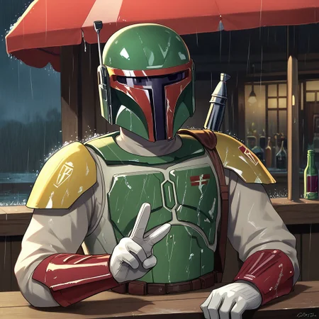 highest quality, masterpiece, core_9, score_8_up, score_7_up, bar (place), looking at viewer, male focus, armor, solo, white gloves, mask, rain, lamppost, red gauntlets, boba fett, green helmet, red visor outline, green armor plating, ONE range finder, yellow shoulder armor, peace sign, holding an umbrella