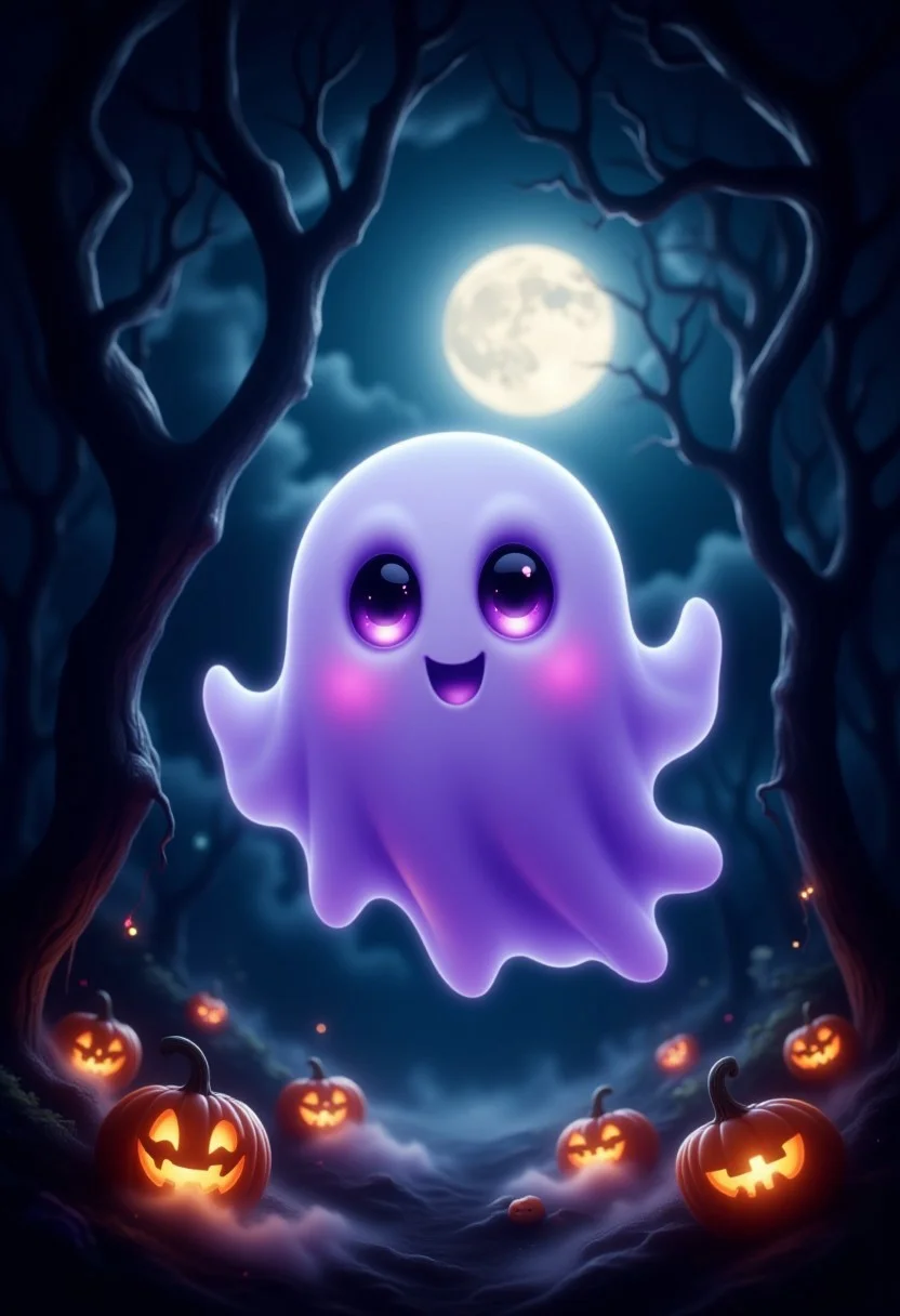 A cute, floating purple ghost with big, wide eyes and a shy smile, giving off an adorable yet spooky vibe. The ghost has soft, flowing edges and a slightly transparent body that glows gently in the dark. Surrounding it is a high-quality, detailed Halloween-themed background featuring a dark forest with twisted trees, glowing pumpkins scattered around, and faint mist swirling near the ground. The sky is dark with a full moon casting a soft, eerie glow, while distant stars twinkle. The atmosphere is both spooky and cute, perfect for Halloween! aidmaMJ6.1, Ghostlystyle