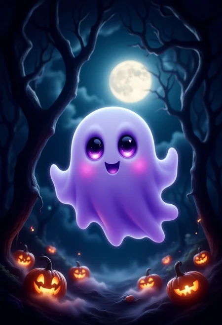 A cute, floating purple ghost with big, wide eyes and a shy smile, giving off an adorable yet spooky vibe. The ghost has soft, flowing edges and a slightly transparent body that glows gently in the dark. Surrounding it is a high-quality, detailed Halloween-themed background featuring a dark forest with twisted trees, glowing pumpkins scattered around, and faint mist swirling near the ground. The sky is dark with a full moon casting a soft, eerie glow, while distant stars twinkle. The atmosphere is both spooky and cute, perfect for Halloween! aidmaMJ6.1, Ghostlystyle