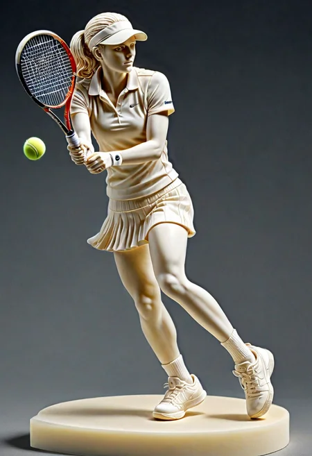 ivory_carving_style, beautiful picture of a tennis player, closeup, made out of delicate and fragile fine original ivory material, whole body, masterpiece, flawless, elegant, vibrant details, (expansive view:1.4), (clear outlines:1.4), (ultra detailed:1.4), 64K, (high contrast:1.4), award winning, stunning, beautiful composition, clean sharp focus, SFW, realistic