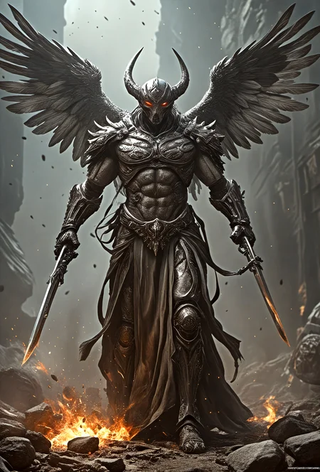 the heavy-metal-death-angel,flowing robes,metal-wings,descended from the heavens unleashing fire and destruction on the earth,biblical art,revelations,apocalyptic premonition,approaching perfection,dynamic,highly detailed,smooth,sharp focus,trending on artstation,sharp focus,intricate details,highly detailed,mysterious,epic,art by Dave McKean,art by Eric Lacombe,art by Ian McQueen