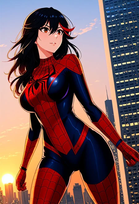 (masterpiece, best quality, best shadows), 1girl, solo, Matoi Ryuuko, (spider-man:1.2) suit, large breasts, skyscrapers background, evening, orange sun, cowboy shot