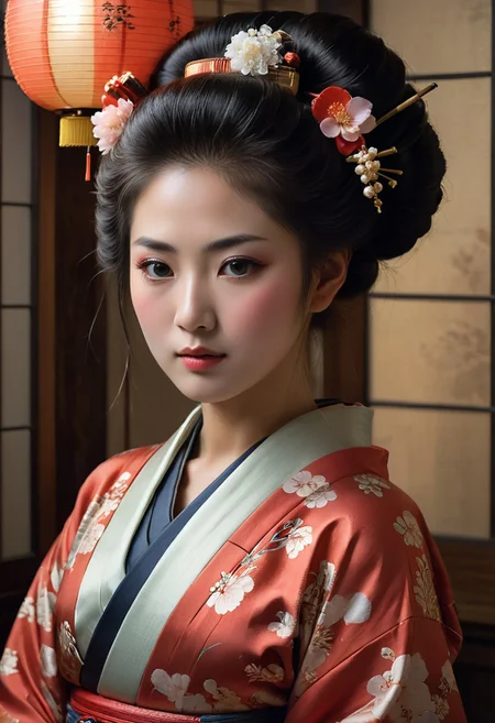 by Jeremy Lipking, by Antonio J Manzanedo, realistic photo, masterpiece, highest quality, high quality, (detailed face and eyes:1.1), asian girl, kimono, geisha, shy, suggestive, geisha prostitute, oiran, beautiful kimono, kimono room, long kimono sleeve, geta,