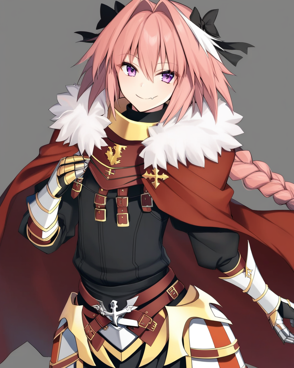 rs,masterpiece,best quality,<lora:astolfov2:1>,solo,grey_background,red_cloak,gorget,commentary_request,1boy,black_bow,otoko_no_ko,astolfo_\(fate\),armored_dress,gauntlets,hair_intakes,fang,closed_mouth,black_dress,looking_at_viewer,simple_background,smile,single_braid,happy,male_focus,fur-trimmed_cloak,long_braid,hair_bow,long_sleeves,