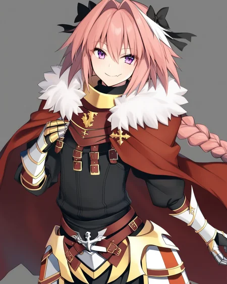 rs,masterpiece,best quality,<lora:astolfov2:1>,solo,grey_background,red_cloak,gorget,commentary_request,1boy,black_bow,otoko_no_ko,astolfo_\(fate\),armored_dress,gauntlets,hair_intakes,fang,closed_mouth,black_dress,looking_at_viewer,simple_background,smile,single_braid,happy,male_focus,fur-trimmed_cloak,long_braid,hair_bow,long_sleeves,