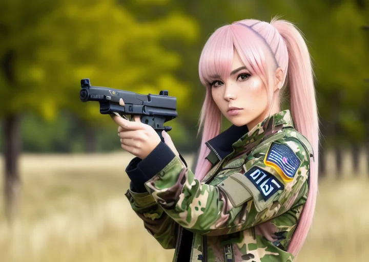 1girl, solo, weapon, gun, holding weapon, glock17,camouflage,((handgun)), outdoors, pink hair, holding, holding handgun, pony tail hair, bag, long hair, long sleeves, tree, blue eyes,  bangs, jacket, blush, upper body, grass, trigger discipline,masterpiece, sharp, 8k,(high detailed skin:1.2),   <lora:glock17:0.2>