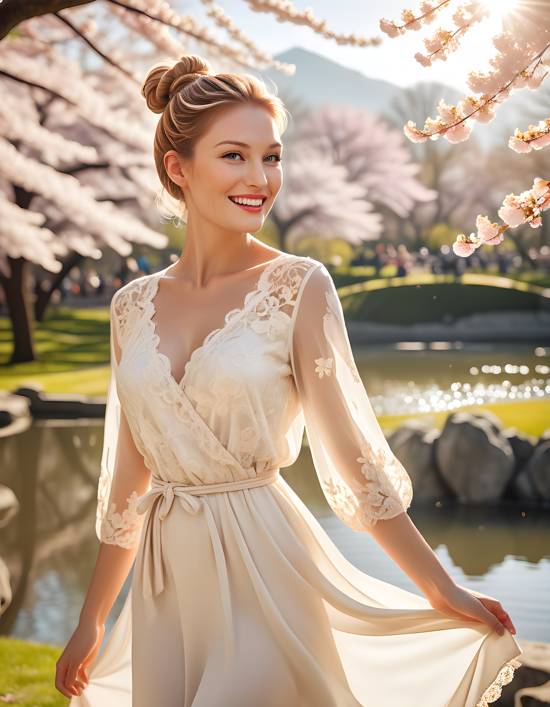 In a vibrant afternoon sunlit park, the stunning A5HL3YH, with her blonde hair cascading down to her waist and brown hair tied up in a chic bun, is captivating the viewer's attention. Her radiant smile illuminates her face as she gazes directly at the camera, her lips painted a bold red that complements her sun-kissed complexion. She wears an elegant, off-white dress with intricate floral lace detailing, the fabric gently billowing in the soft summer breeze. Behind her, the picturesque backdrop of blooming cherry blossom trees and a serene pond add to the idyllic atmosphere, while the sun's warm golden light bathes her figure in an ethereal glow.