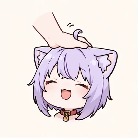 <lora:Style_KikivVmal:1>, chibi, simple background, solo, 1girl, 
<lora:okayu_noobeps:1>, animal collar, purple hair, short hair, ahoge, cat ears,
cropped shoulders, ^_^, open mouth, disembodied hand, headpat, masterpiece, best quality