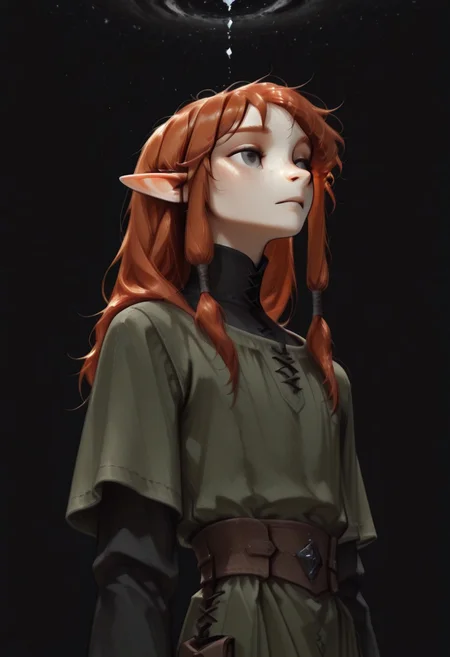 1person, (Lapanya), Malgha, freckles, 2 strands of hair sticking up, pointy ears, Long-sleeve black shirt, green tunic,
Low angle, looking around, floating, weightless,
Black background, void background, empty space background,
Source: semi-realistic