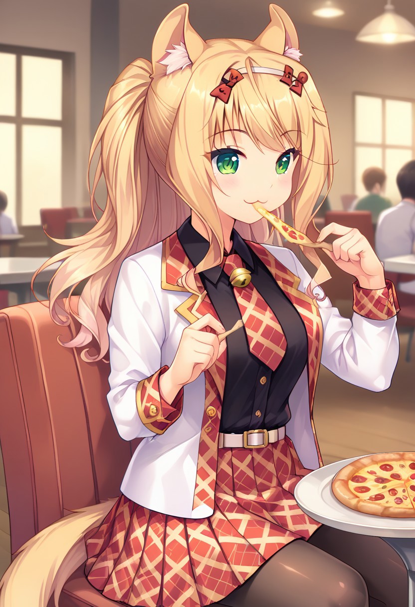 score_9, score_8_up, score_7_up, score_6_up, score_5_up, score_4_up, detailed eyes, detailed skin, source_anime, source_anime, masterpeice, best quality, very aesthetic, absurdres, BREAK, white_jacket, Maple, medium_breasts, solo, :3, smile, ponytail, long_hair, cat_ears, animal_ear_fluff, cat_tail, white_headband, red_headband_bows, light_carmine_pink_necktie, short_necktie, neck_bell, white_belt, brown_pantyhose, light_carmine_pink_jacket, open_jacket, long_sleeves, black_shirt, white_skirt, light_carmine_pink_skirt, plaid_skirt,<lora:Maple_V0.5(SDXL):0.8><lora:hand 4:1>, Hand, detailed, perfect, perfection, hands, BREAK, indoors, restaurant, pizza´, sitting, eating pizza, joy, happy, cheese strings,