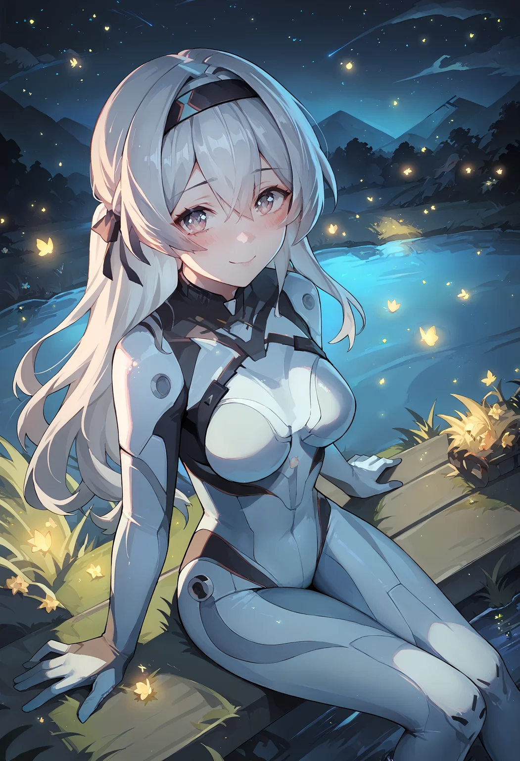 (score_9, score_8_up, score_7_up), 1girl, fireflyhsr, hairband, plugsuit, sitting, starry sky, night, railing, smile, blush, closed mouth, grass, river, firefly, looking at viewer, <lora:firefly-strPO-v2a-000008:0.9>
