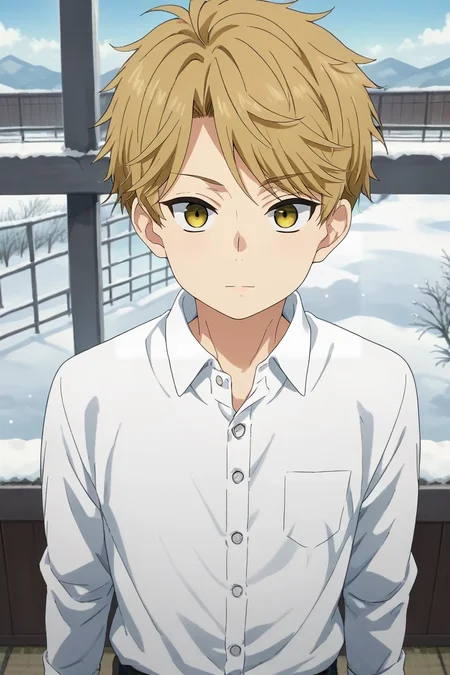 score_9, score_8_up, score_7_up, source_anime, rating_safe, , , looking at viewer, , 1boy, solo, male focus, <lora:yuuma_nikaidou_pony:0.94>, yuuma_nikaidou, blonde hair, yellow eyes, short hair, from above, snowy field, indoors, w arms, :o, ,, <lora:sdxl_lightning_8step_lora:1>