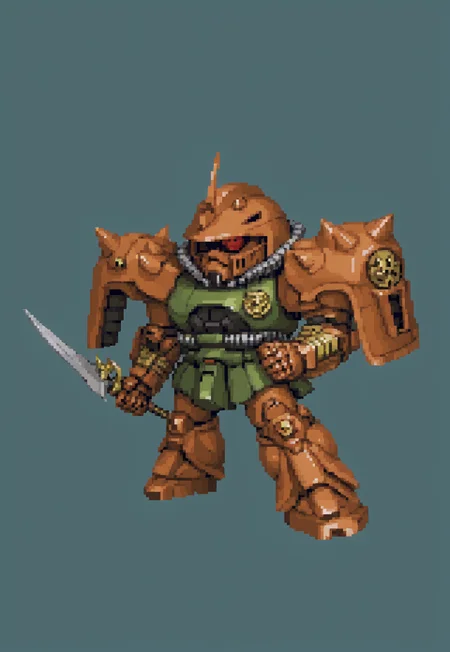 (full body view), (masterpiece), (ultra detailed), best quality, HDA_PixelArtXL_v1.2, garma_zaku, red monoeye, metallic heathawk, shoulder decals, green backgroundm, chibi, simple background, SRWFStyle