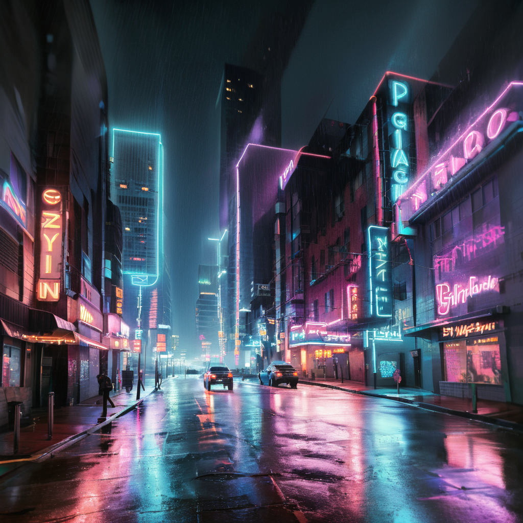 a neon cityscape at night in the pouring rain<lora:pouring_rain_XL:1>