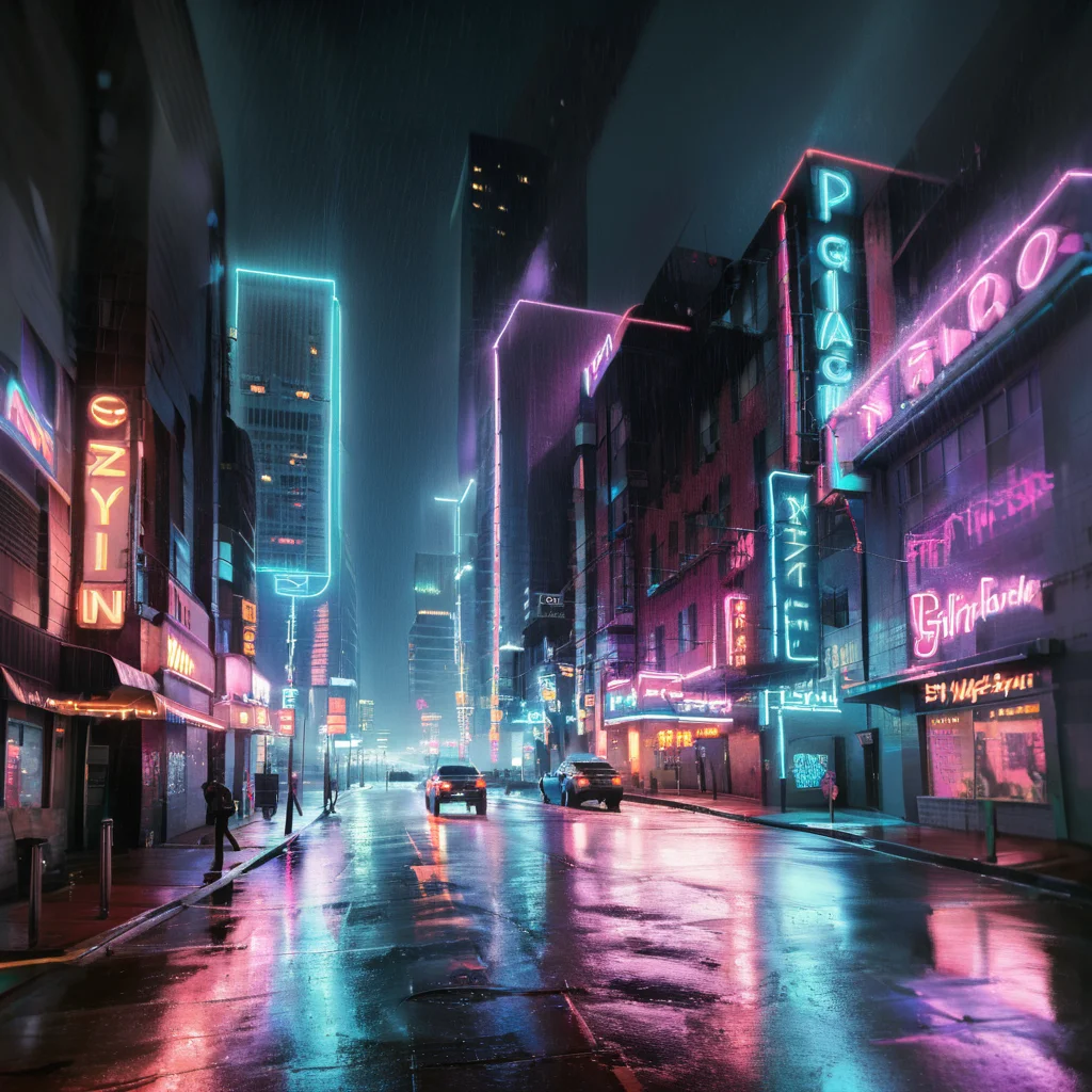 a neon cityscape at night in the pouring rain<lora:pouring_rain_XL:1>