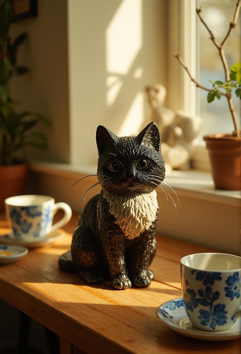 <lora:Dark_Fantasy_Anime-000021.safetensors:1> intricately textured, with subtle shadows cast, capturing light in a lifelike manner. glint subtly in the diffused light filtering, the surrounding environment is meticulously detailed
The photograph showcases a stunning black and white cat figurine placed on a wooden table amidst a cozy setting. A plain white mug and one with a vibrant blue floral pattern flank the feline, accompanied by a matching plate. The warm, golden light from a nearby window casts soft shadows, immersing the scene in a sense of serenity.