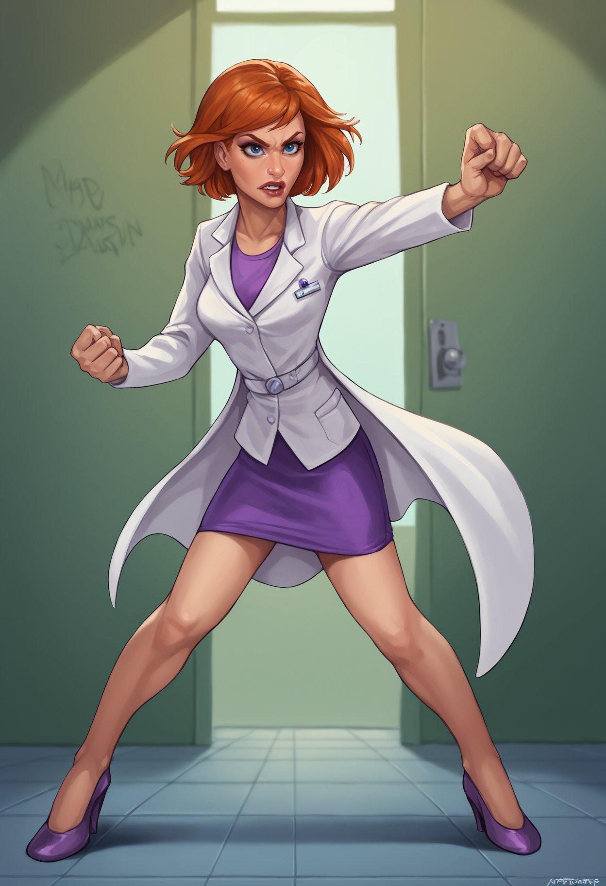 score_7_up, score_6_up, action pose, realism, isat4n-dh, solo, 1girl, orange hair, blue eyes, short hair, labcoat, purple skirt, high heels <lora:add-detail-xl:0.5> <lora:sinfully_stylish_SDKL:0.5> <lora:Artist_Style_-_isatandoomsatan666_PDXL:1>  <lora:AnnPossiblePony1.0:0.5>