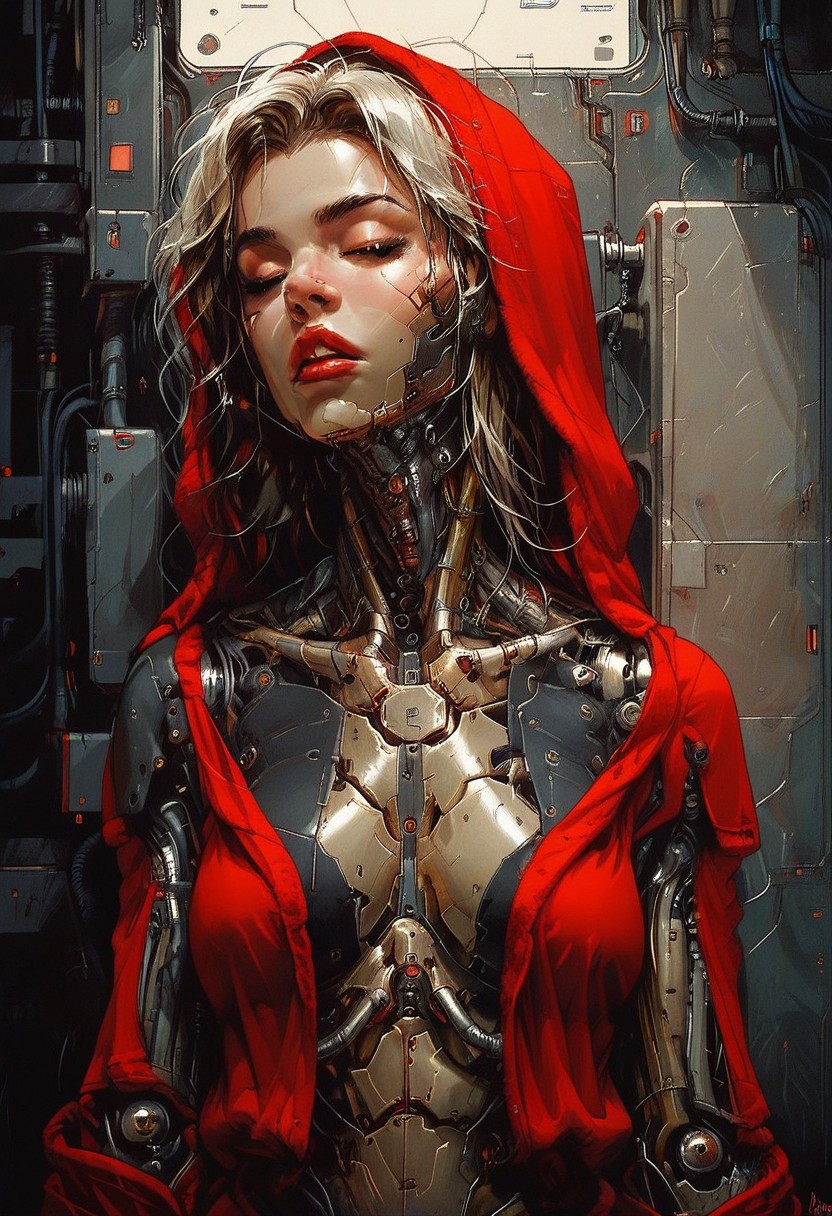 score_9, score_8_up, score_7_up, 8k, 1girl, solo, woman with robotic parts of body, , ,golden body,metalic body, ,  cyborg in dark futuristic room, cables, charge, , neon light,cyborg woman, robot joints, red bathrobe, open bathrobe, sexy body,very detailed, high detailed texture, 8k,cyb0rg, science fiction, cable, mechanical parts,