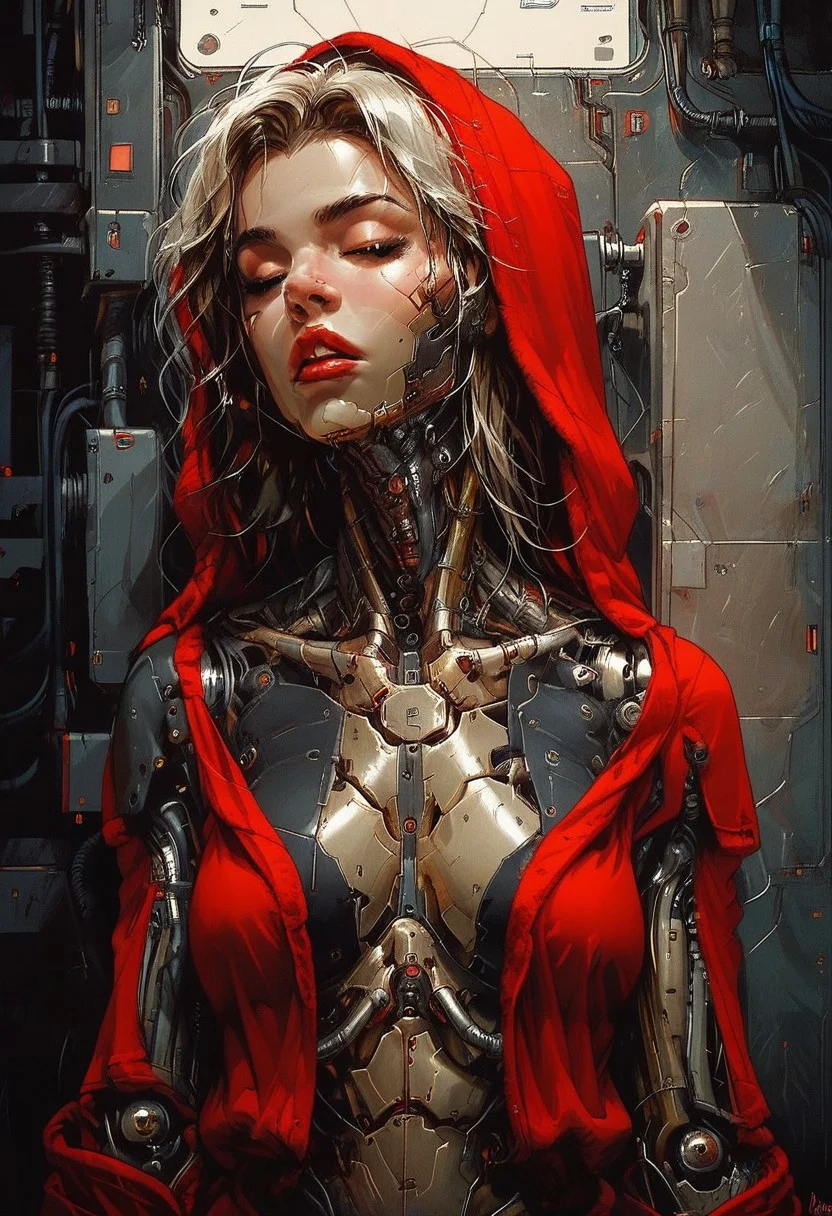score_9, score_8_up, score_7_up, 8k, 1girl, solo, woman with robotic parts of body, , ,golden body,metalic body, ,  cyborg in dark futuristic room, cables, charge, , neon light,cyborg woman, robot joints, red bathrobe, open bathrobe, sexy body,very detailed, high detailed texture, 8k,cyb0rg, science fiction, cable, mechanical parts,