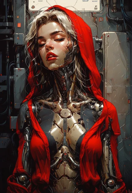 score_9, score_8_up, score_7_up, 8k, 1girl, solo, woman with robotic parts of body, , ,golden body,metalic body, ,  cyborg in dark futuristic room, cables, charge, , neon light,cyborg woman, robot joints, red bathrobe, open bathrobe, sexy body,very detailed, high detailed texture, 8k,cyb0rg, science fiction, cable, mechanical parts,
