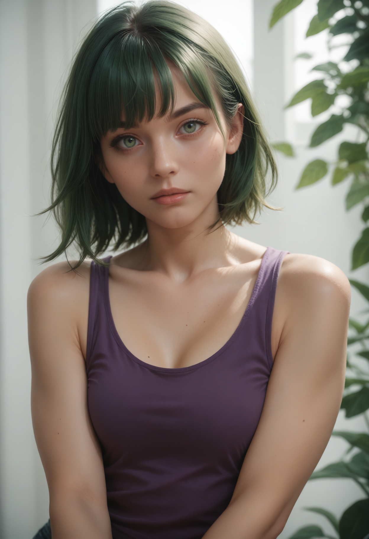 score_9, score_8_up, score_7_up, rating_safe,
1girl, solo, purple tank top,
 <lora:Dark_Sylvie_Pony_v0.1:0.5> d4rksylv13, bangs, green hair, green eyes,